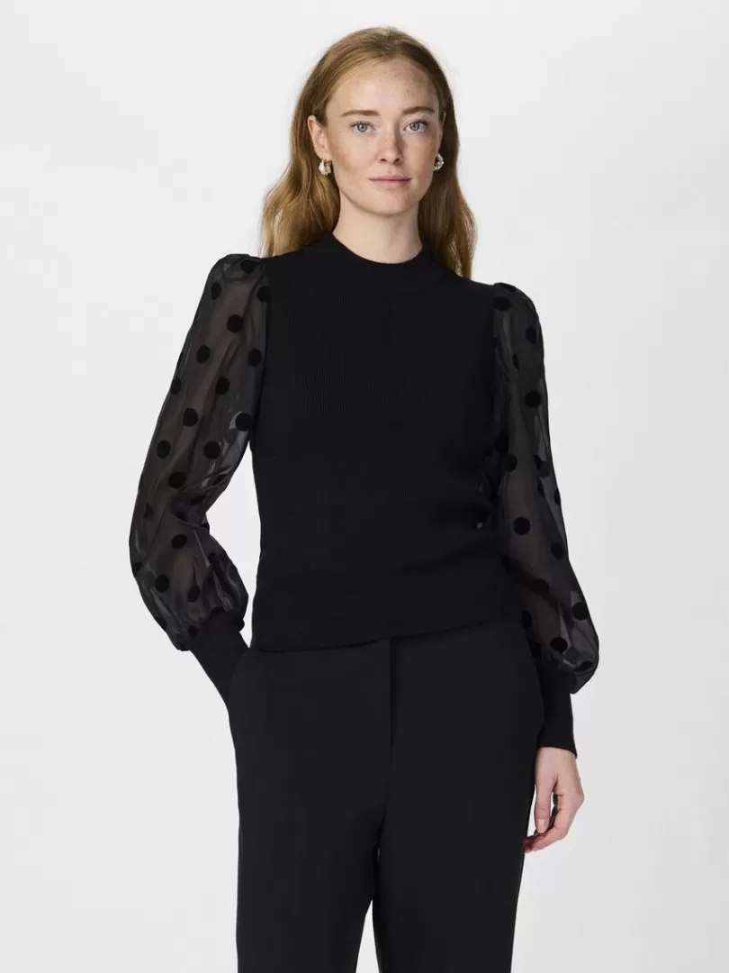 Knitwear | Tops & T-Shirts>Yas DOTME BALLOON SLEEVE TOP Black