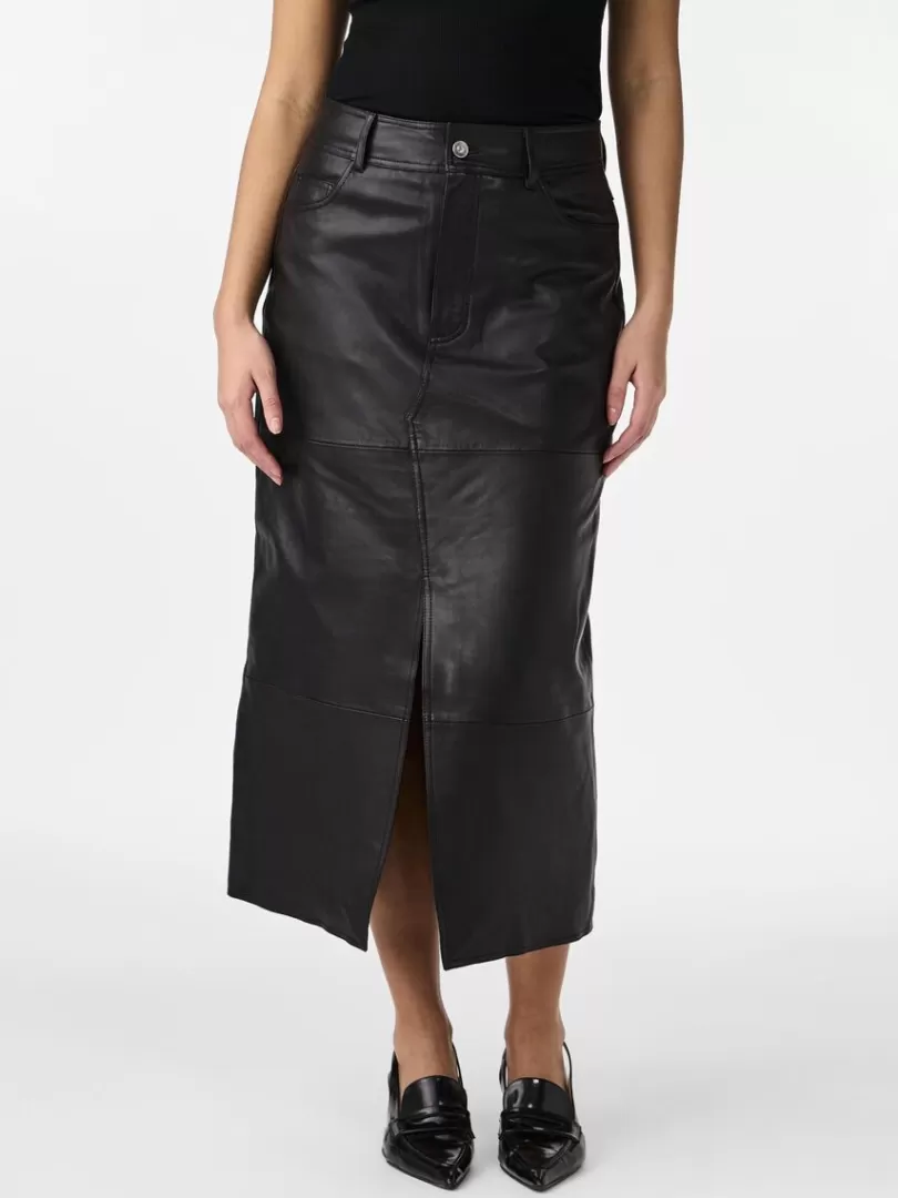 Skirts>Yas MINA LEATHER MIDI SKIRT Black